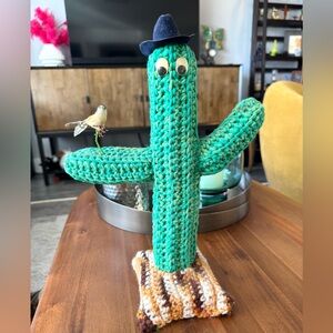 Artisan Crochet Cactus Decor with Bird and Hat